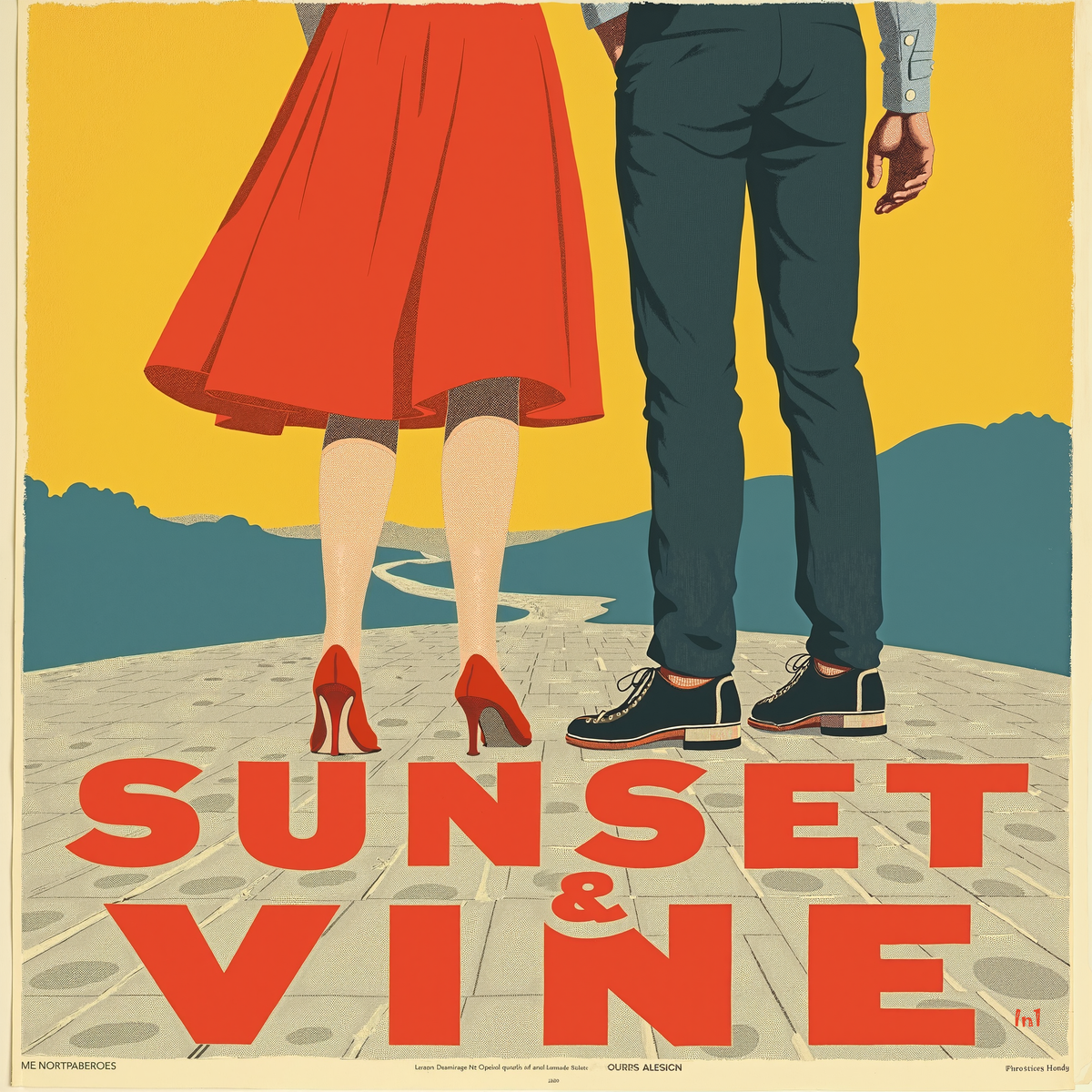 Illustration of a man and woman standing on a street with 'Sunset & Vine' text.