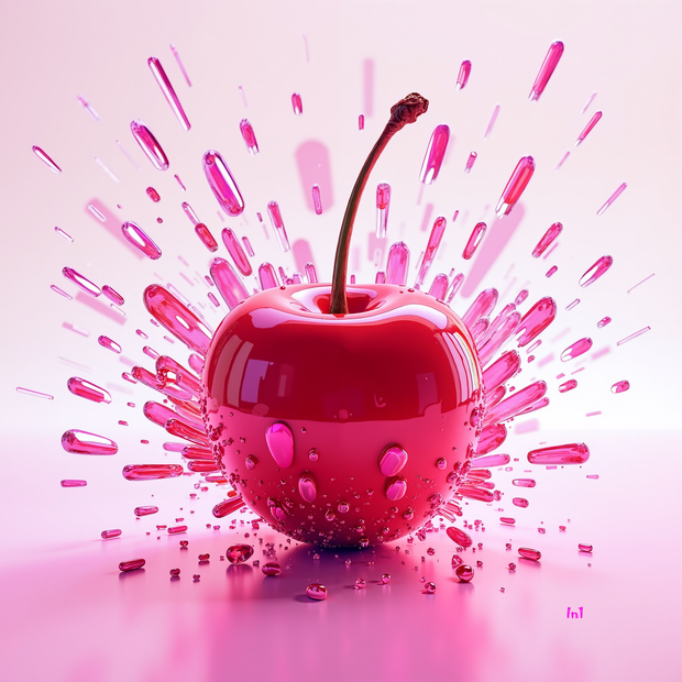 Red cherry with pink liquid splashes on a pink background
