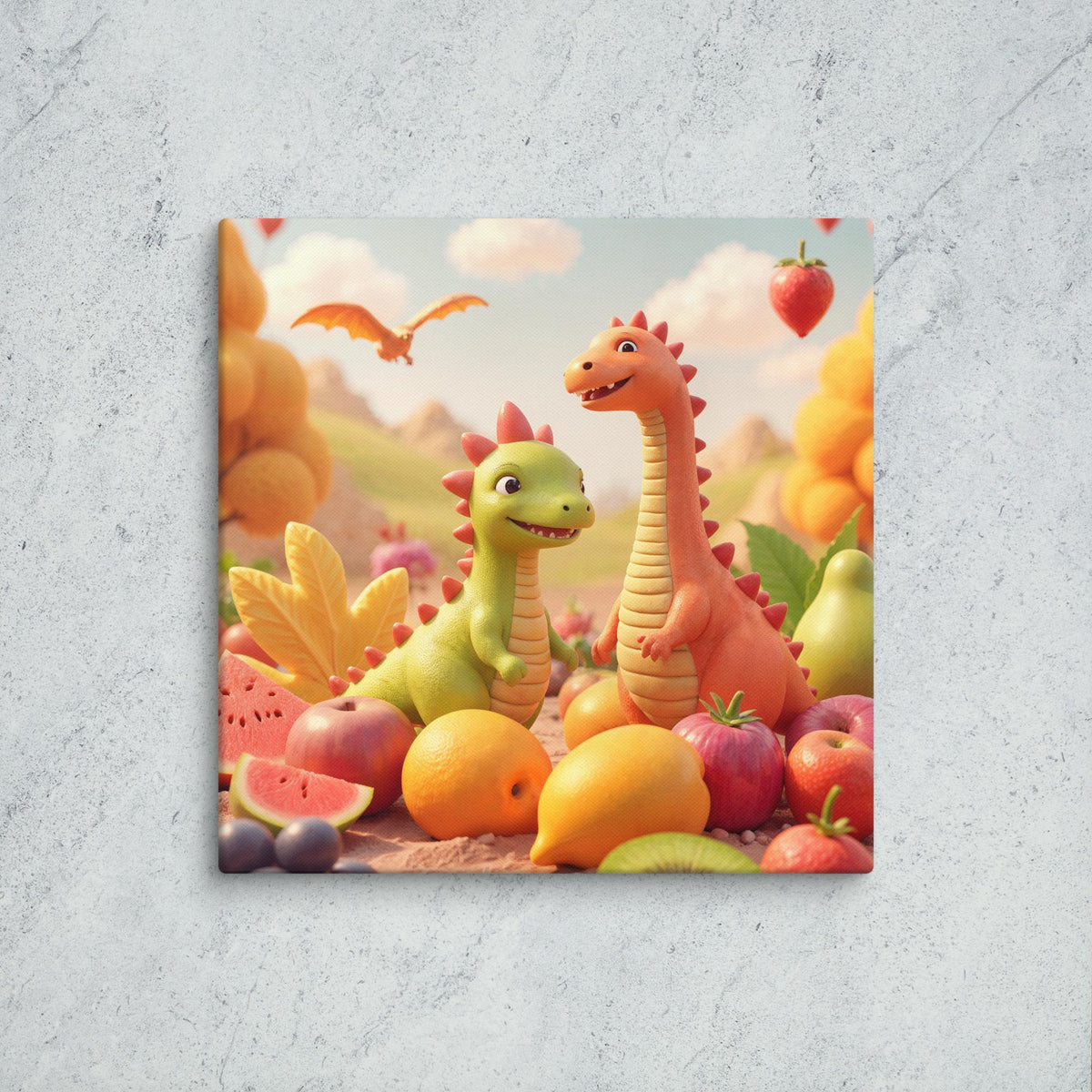 Children's book cover with cartoon dinosaurs and fruits on a textured gray background