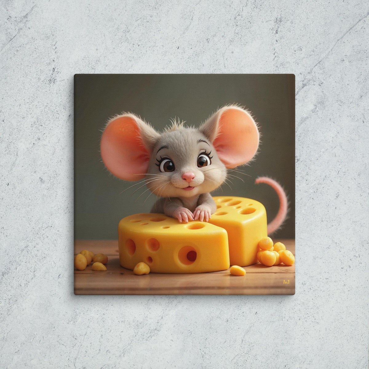 Illustration of a cute mouse with cheese on a wooden board against a gray background