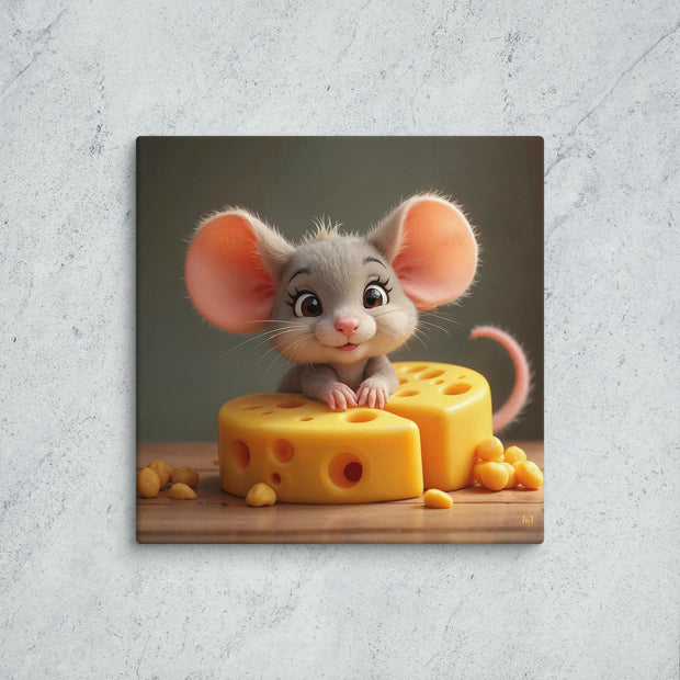 Illustration of a cute mouse with cheese on a wooden board against a gray background