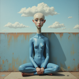 Blue humanoid figure sitting in a meditative pose with a cloud above, against a blue sky and rusted wall.