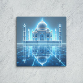 Futuristic depiction of the Taj Mahal with glowing neon blue and white colors on a textured wall background