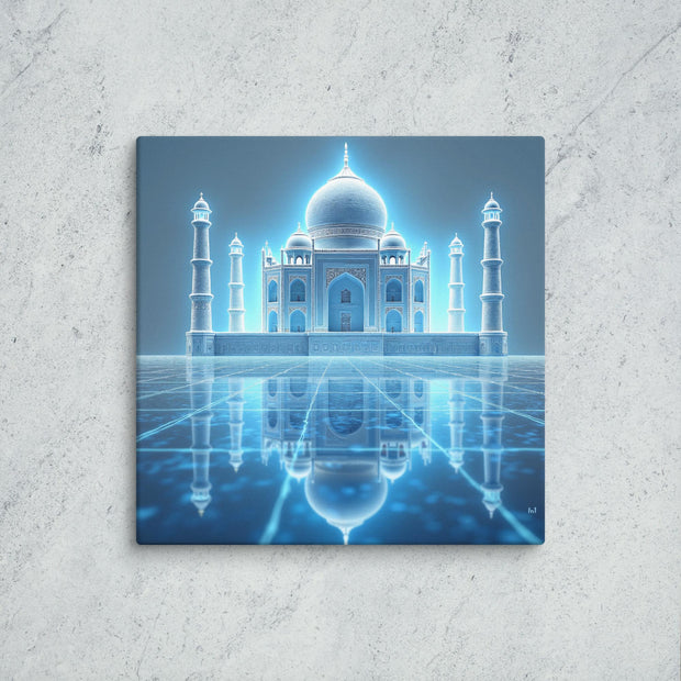 Futuristic depiction of the Taj Mahal with glowing neon blue and white colors on a textured wall background