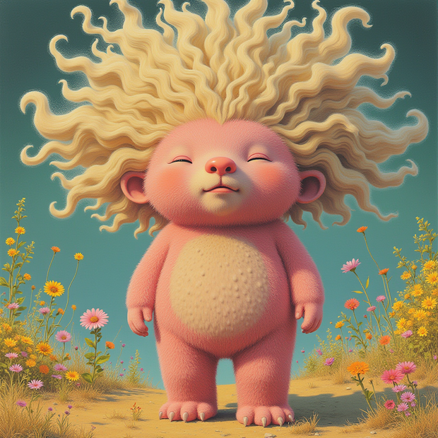 Pink creature with long blonde hair standing in a field of flowers