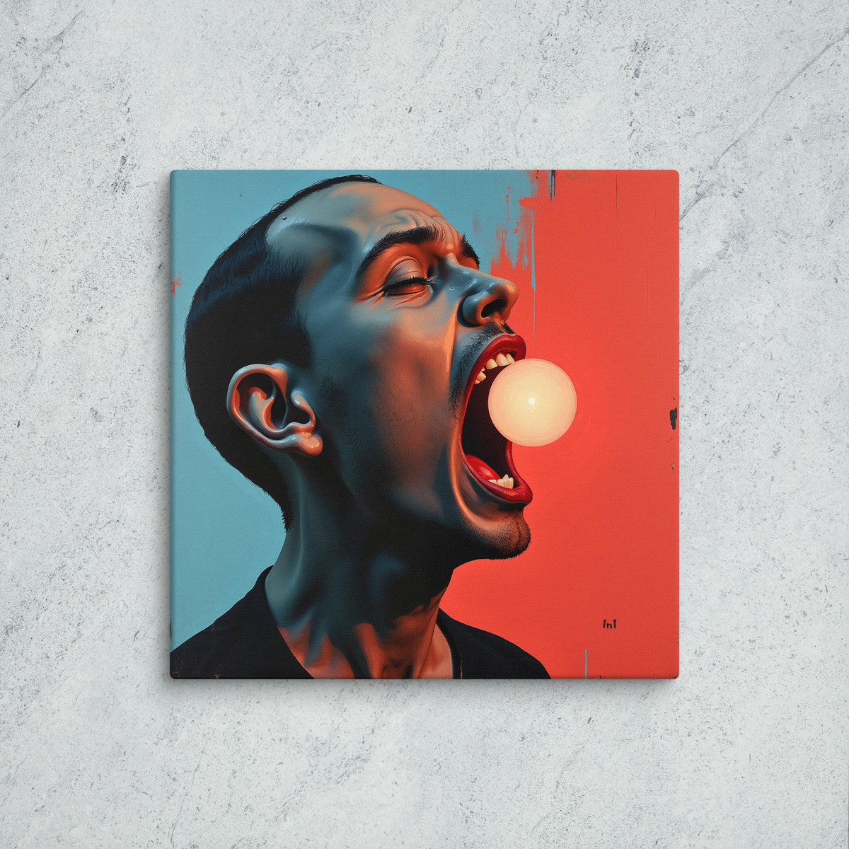 Canvas print of a person blowing a bubble with gum against a red and blue background