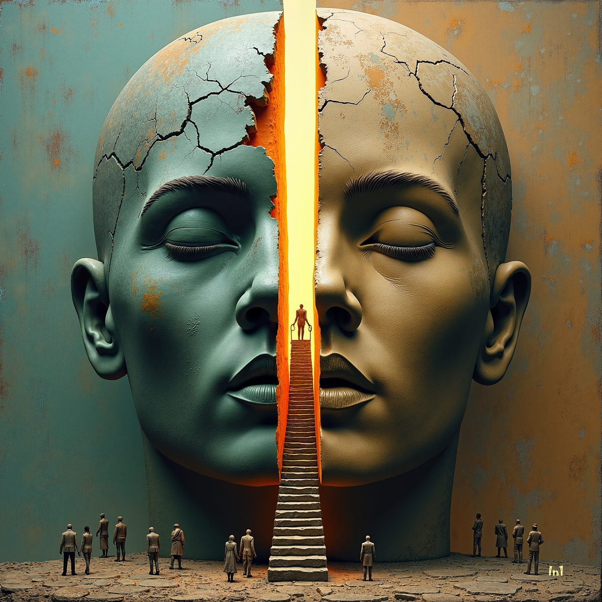 Artistic depiction of a split face with a staircase between, surrounded by small figures.
