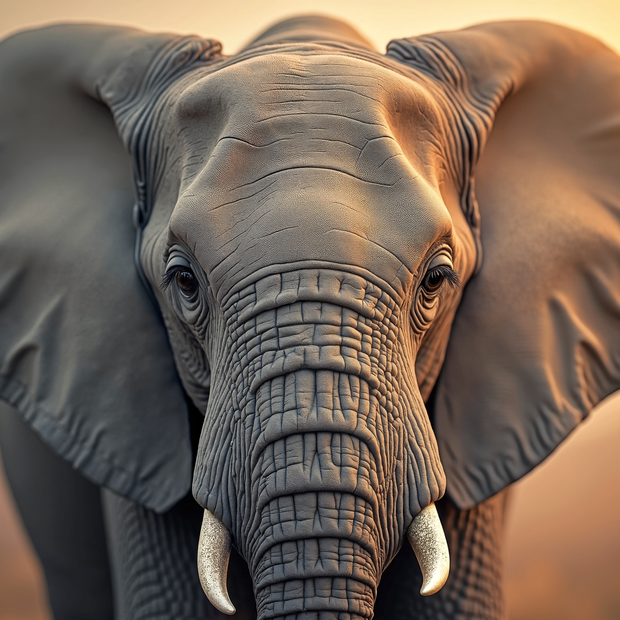 Close-up of an elephant with a warm, blurred background