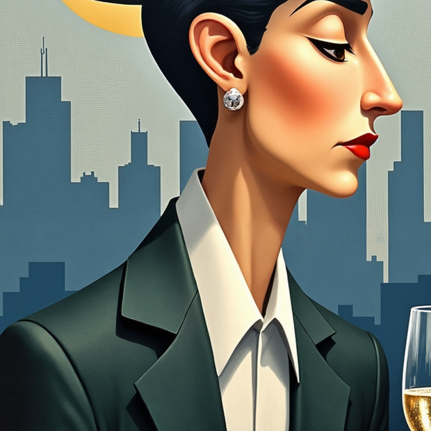 Woman in formal attire with a cityscape background