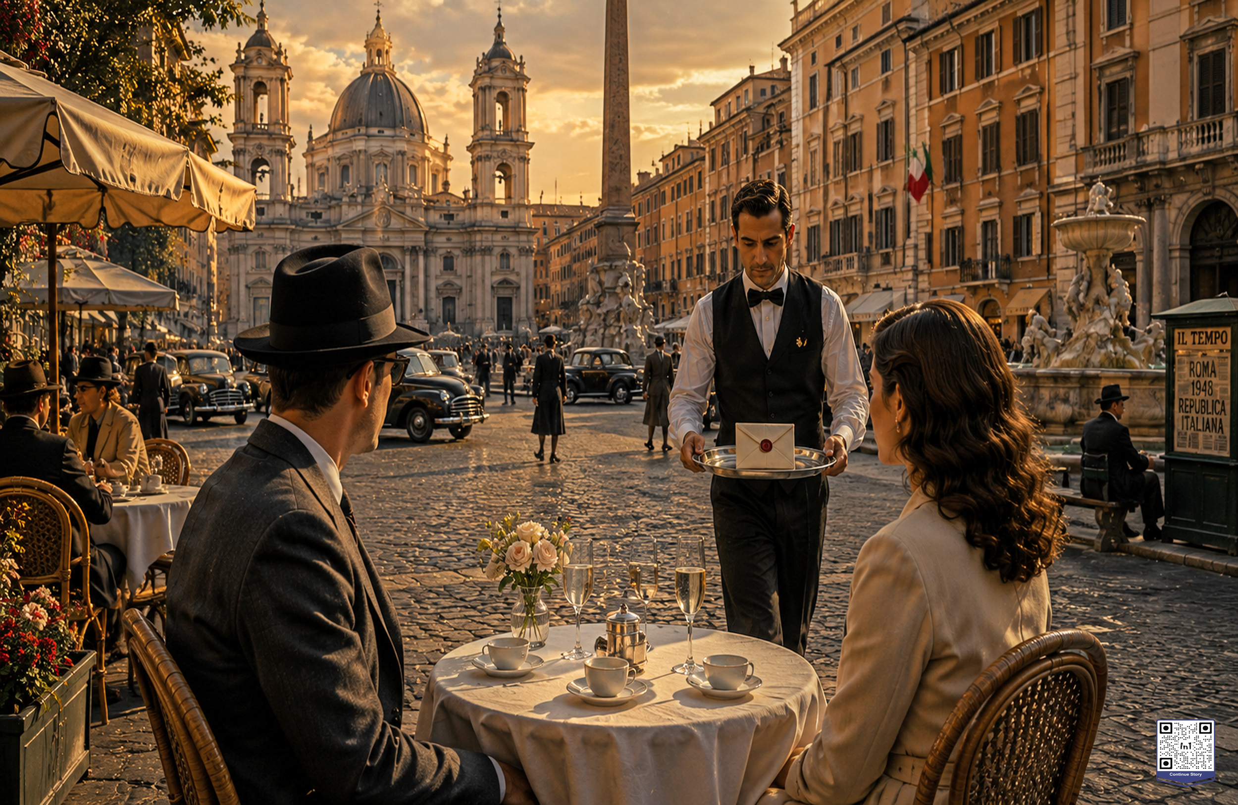 A waiter in a vintage black vest and bow tie serves a table at an outdoor restaurant in a historic European city square, with a man and woman seated across from him and a grand cathedral in the background at sunset.