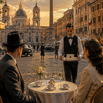 A waiter in a vintage black vest and bow tie serves a table at an outdoor restaurant in a historic European city square, with a man and woman seated across from him and a grand cathedral in the background at sunset.