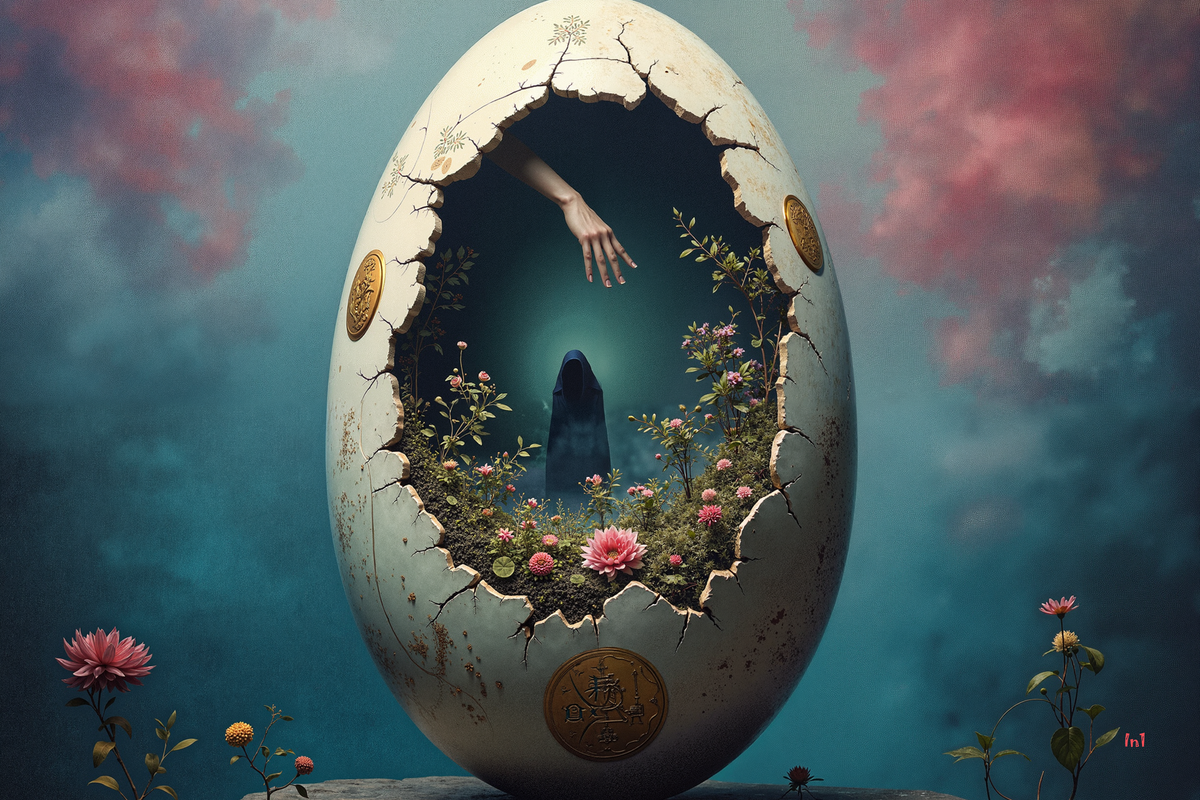 Eggshell with a hand emerging, surrounded by flowers and plants against a mystical background