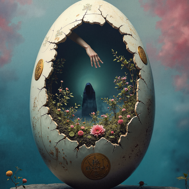 Eggshell with a hand emerging, surrounded by flowers and plants against a mystical background