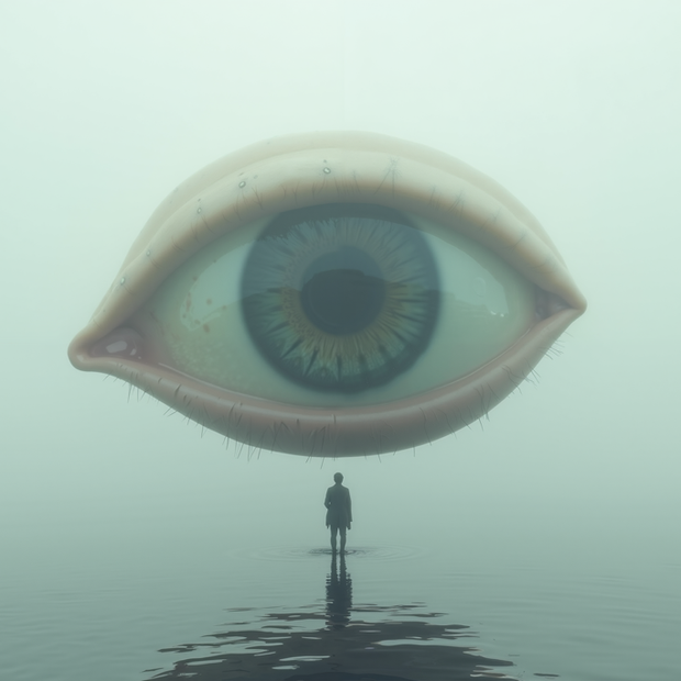 Large floating eye over a reflective surface with a person standing below in a foggy landscape