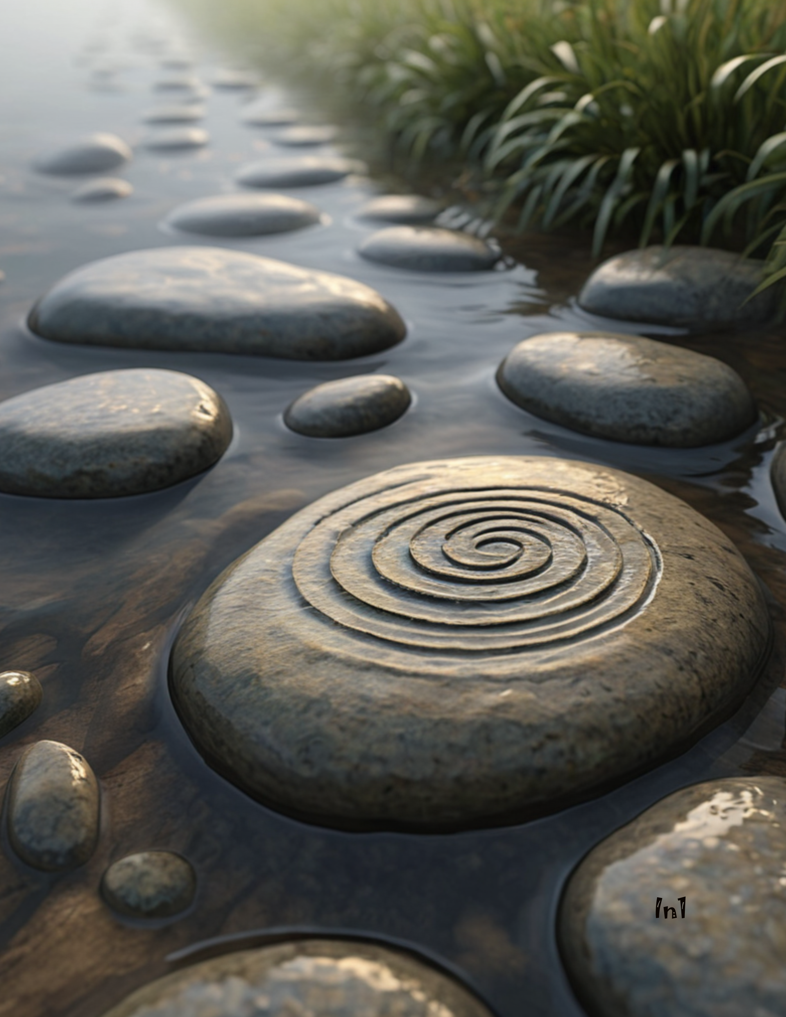 Path made of stones with a central spiral design, surrounded by water and
 grass.
