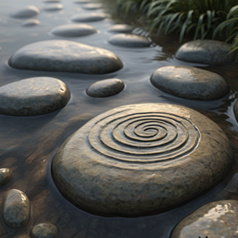 Path made of stones with a central spiral design, surrounded by water and
 grass.