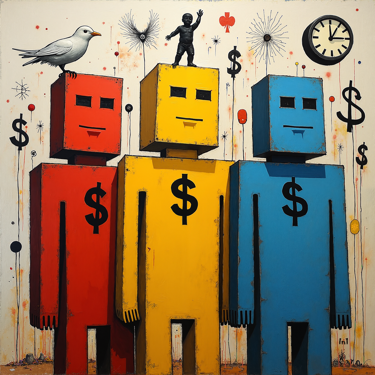 Three colorful robots with dollar signs on their chests, surrounded by various symbols and objects.