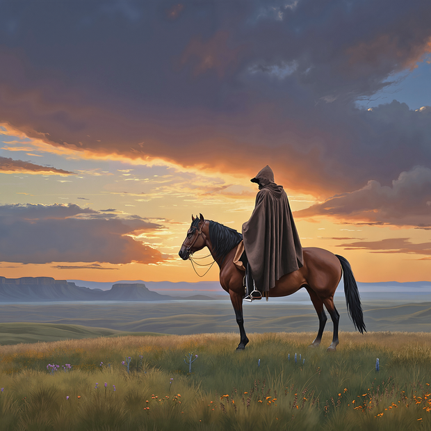 Person on horseback surveying his land and taking in the view, with a cloak in a field at sunset