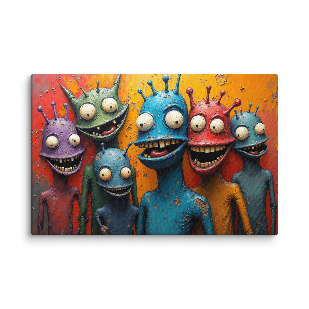 Colorful painting of five cartoonish alien characters on a textured background