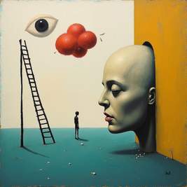 Abstract artwork with a ladder, fruit, and human head
