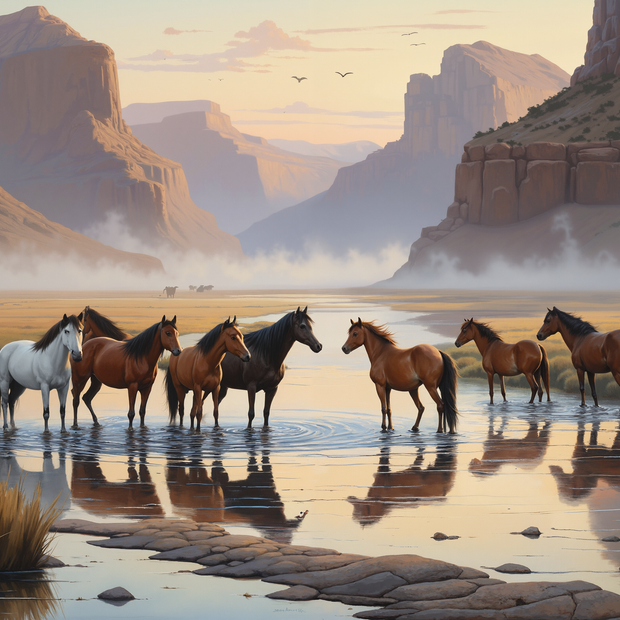 Horses drinking water from a river with desert landscape and mountains in the background