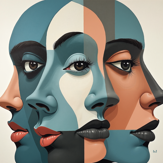 Artistic depiction of a face divided into halves with different skin tones and colors.