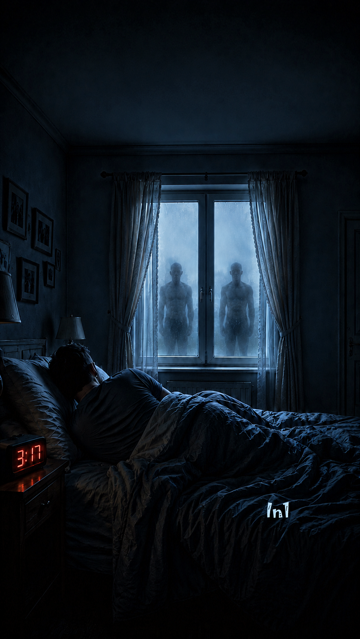 A dark, moody bedroom scene with a person lying under a rumpled bedsheet near a window, while two blurred human silhouettes stand outside in the foggy windowlight. The room is very dim, with blue-gray tones, curtains, a digital alarm clock showing 3:17, and a small white 'in1' watermark near the bottom right.
