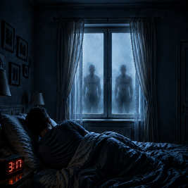 A dark, moody bedroom scene with a person lying under a rumpled bedsheet near a window, while two blurred human silhouettes stand outside in the foggy windowlight. The room is very dim, with blue-gray tones, curtains, a digital alarm clock showing 3:17, and a small white 'in1' watermark near the bottom right.