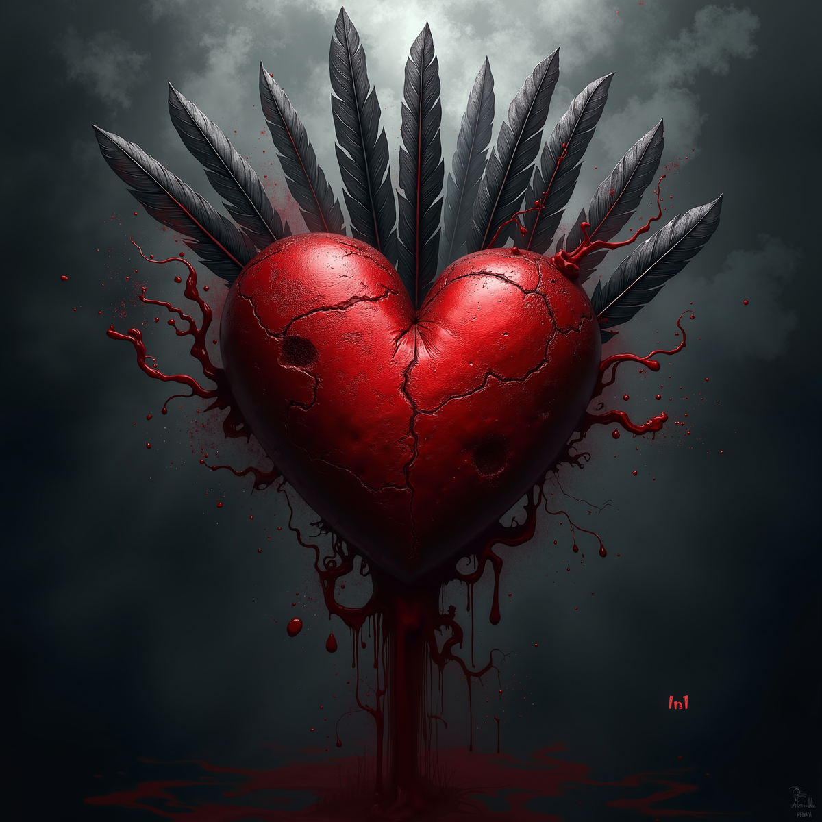Red heart with feathers and blood on a dark background