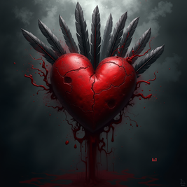 Red heart with feathers and blood on a dark background