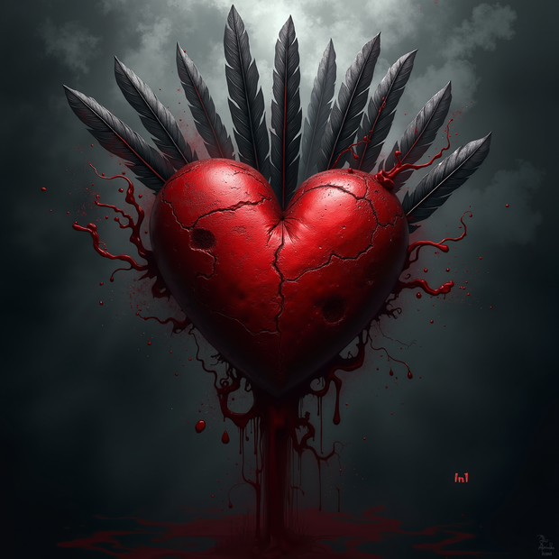 Red heart with feathers and blood on a dark background
