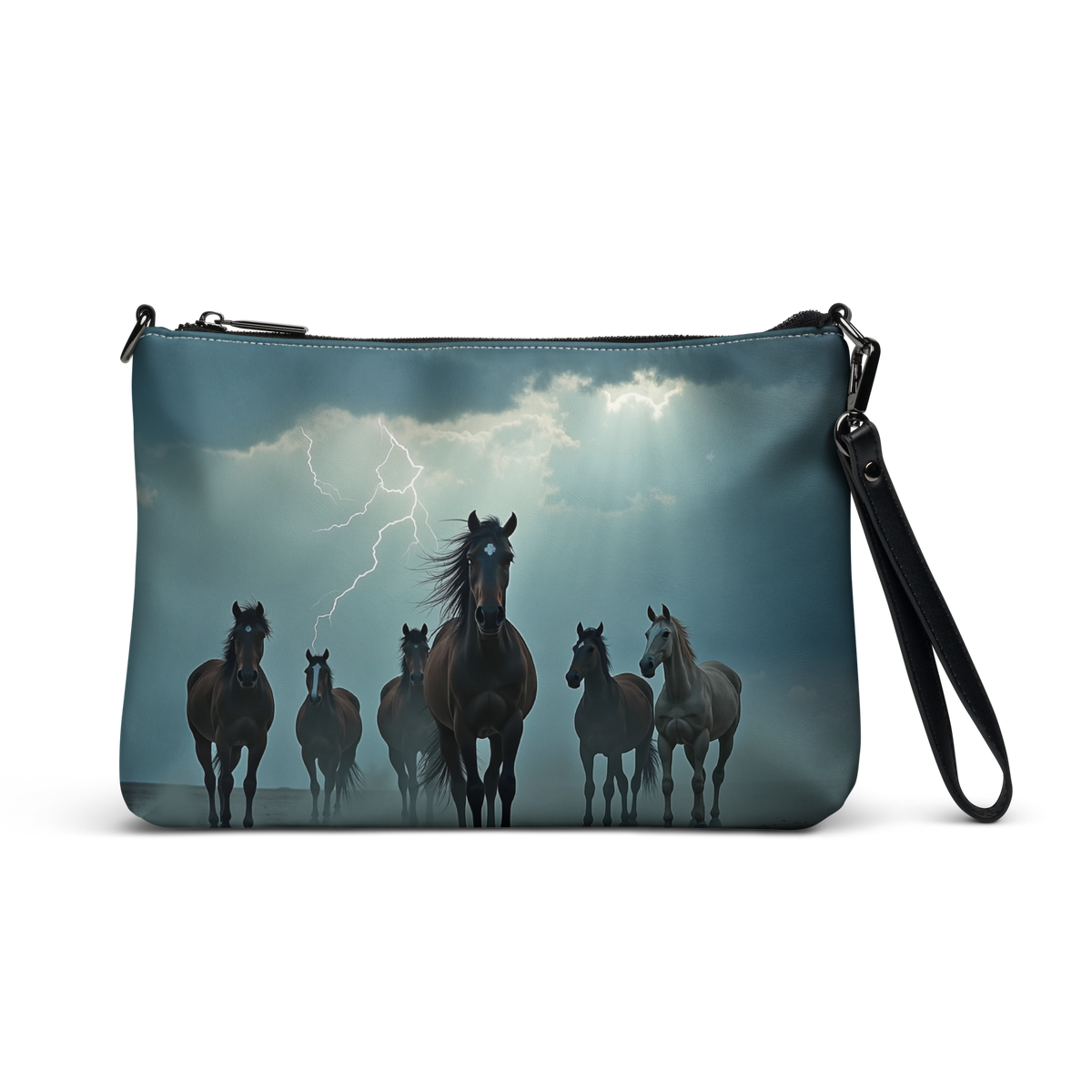 A zippered wristlet clutch with a printed design of a herd of horses under a stormy sky with lightning, shown on a plain white background.