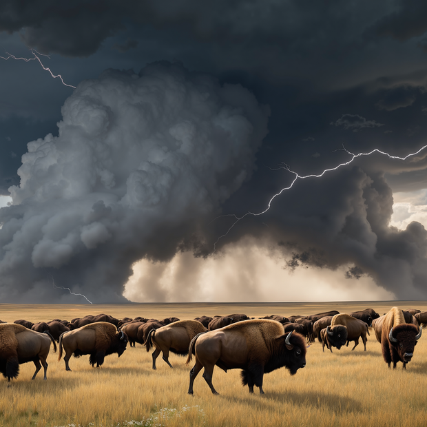 Dramatic scene of bison in a field with a large storm cloud and lightning in the background