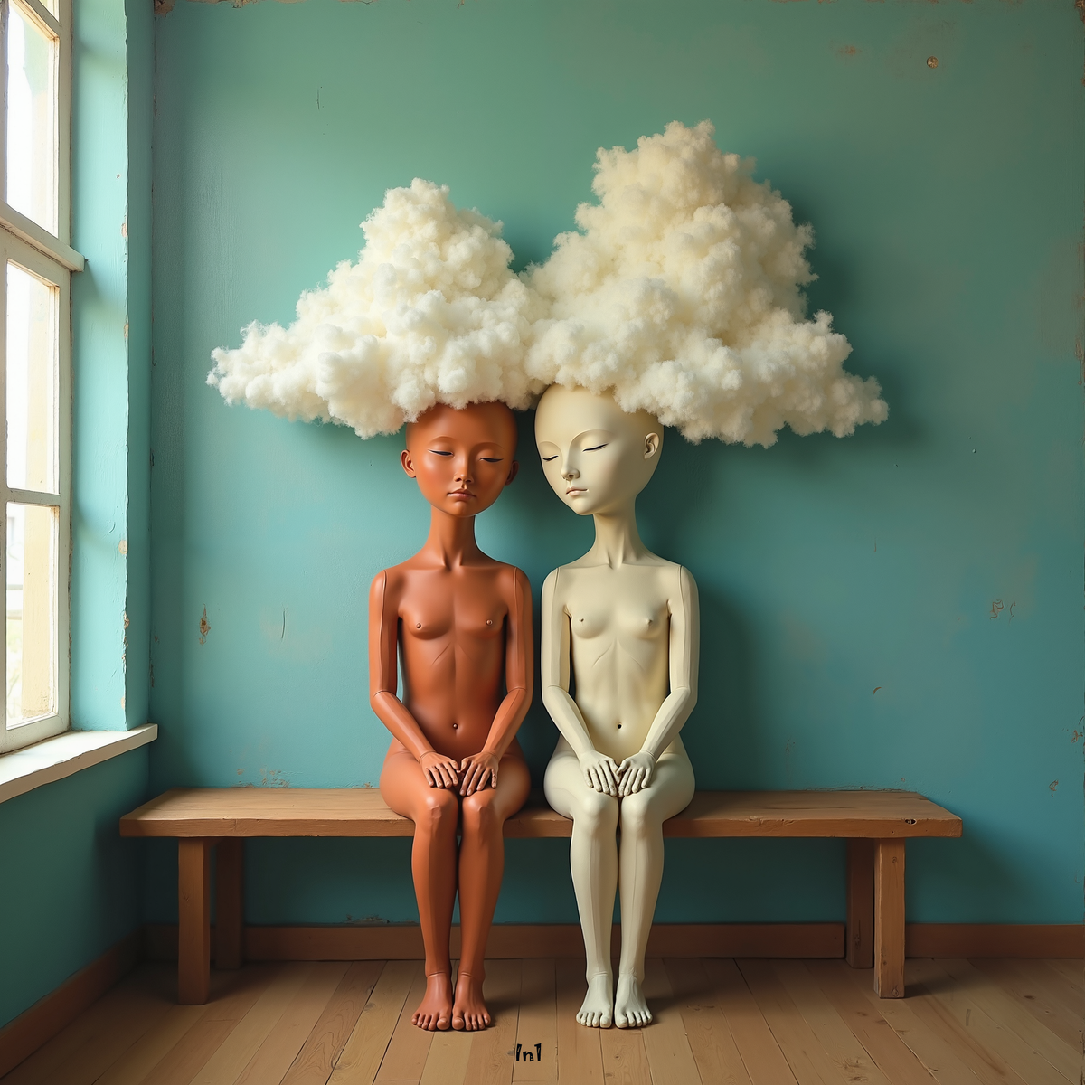 Two statues with cloud-like hair sitting on a bench against a teal wall.
