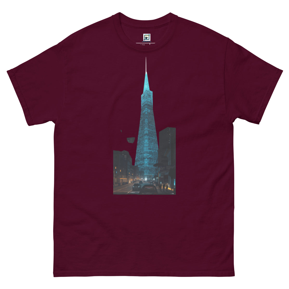 Maroon t-shirt with a graphic of a the TransAmerica building in a San Francisco.