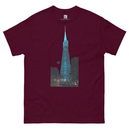 Maroon t-shirt with a graphic of a the TransAmerica building in a San Francisco.