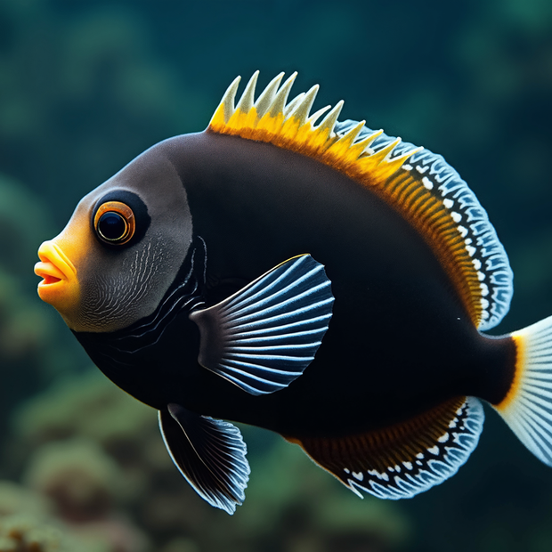 Colorful Trigger Fish with black, yellow, and white colors swimming near a reef.