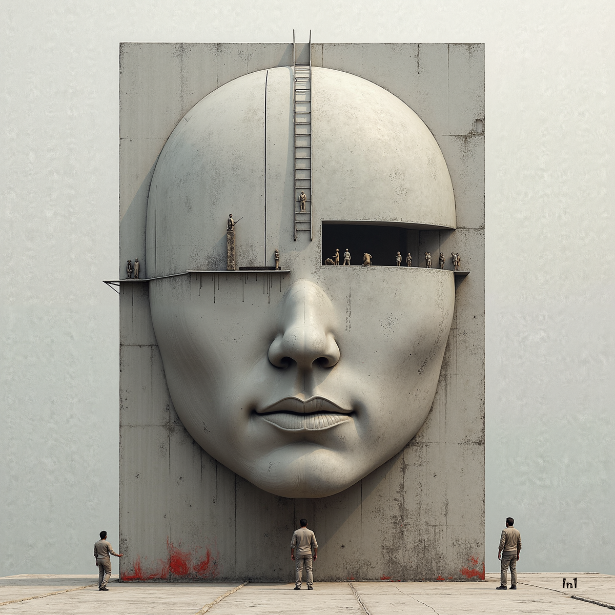 Large concrete face sculpture with people around it on a plain background