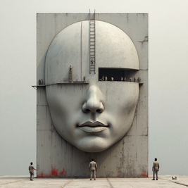Large concrete face sculpture with people around it on a plain background