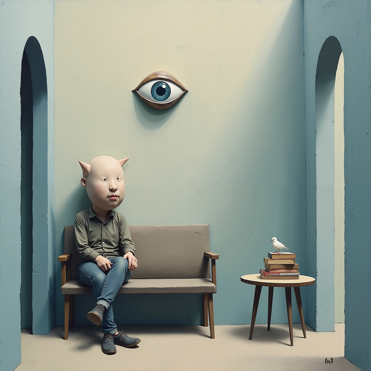 Person wearing a pig mask sitting on a couch in a room with an eye on the wall and books on a table.
