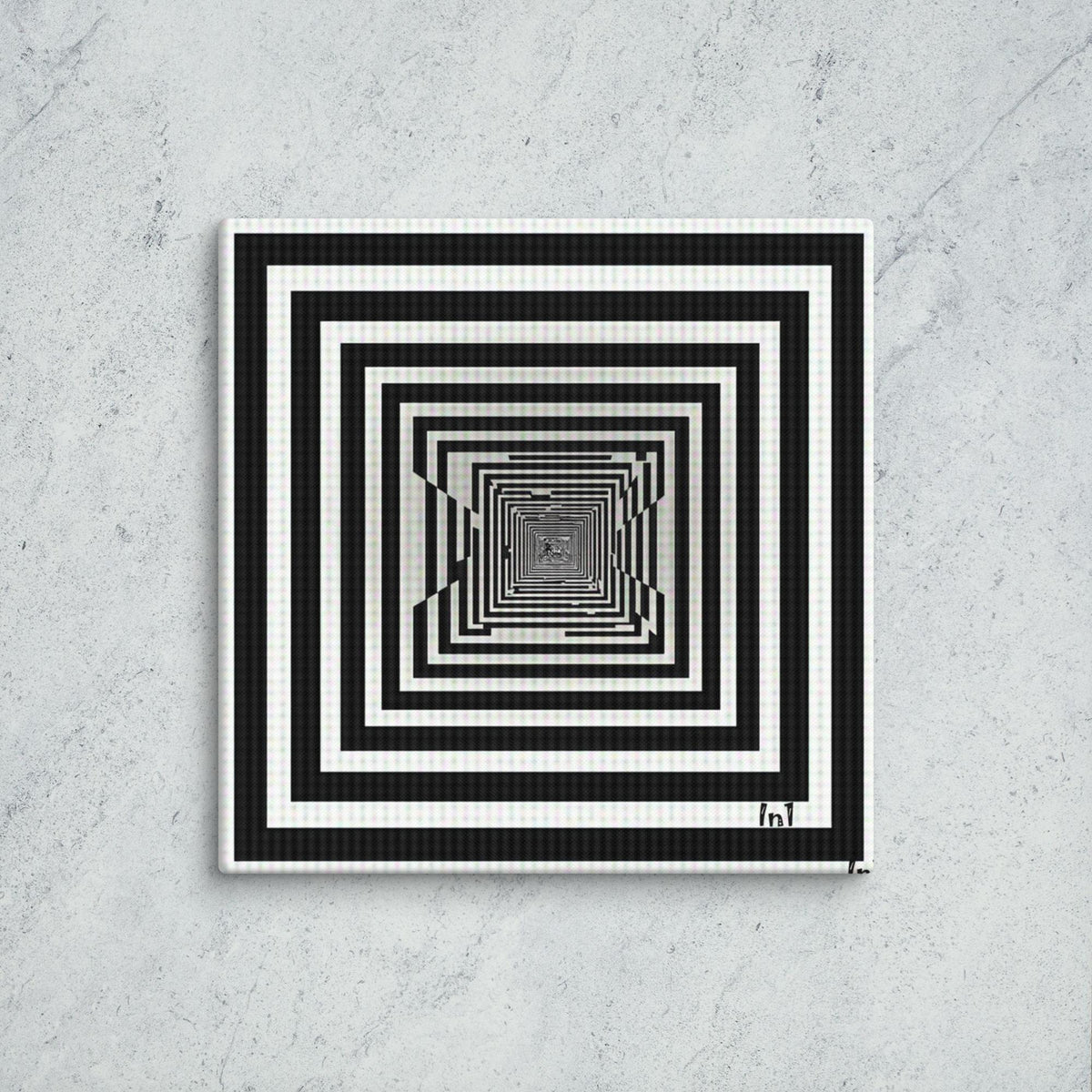 Black and white geometric square pattern on a textured gray wall. Optical Illusion.