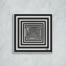 Black and white geometric square pattern on a textured gray wall. Optical Illusion.