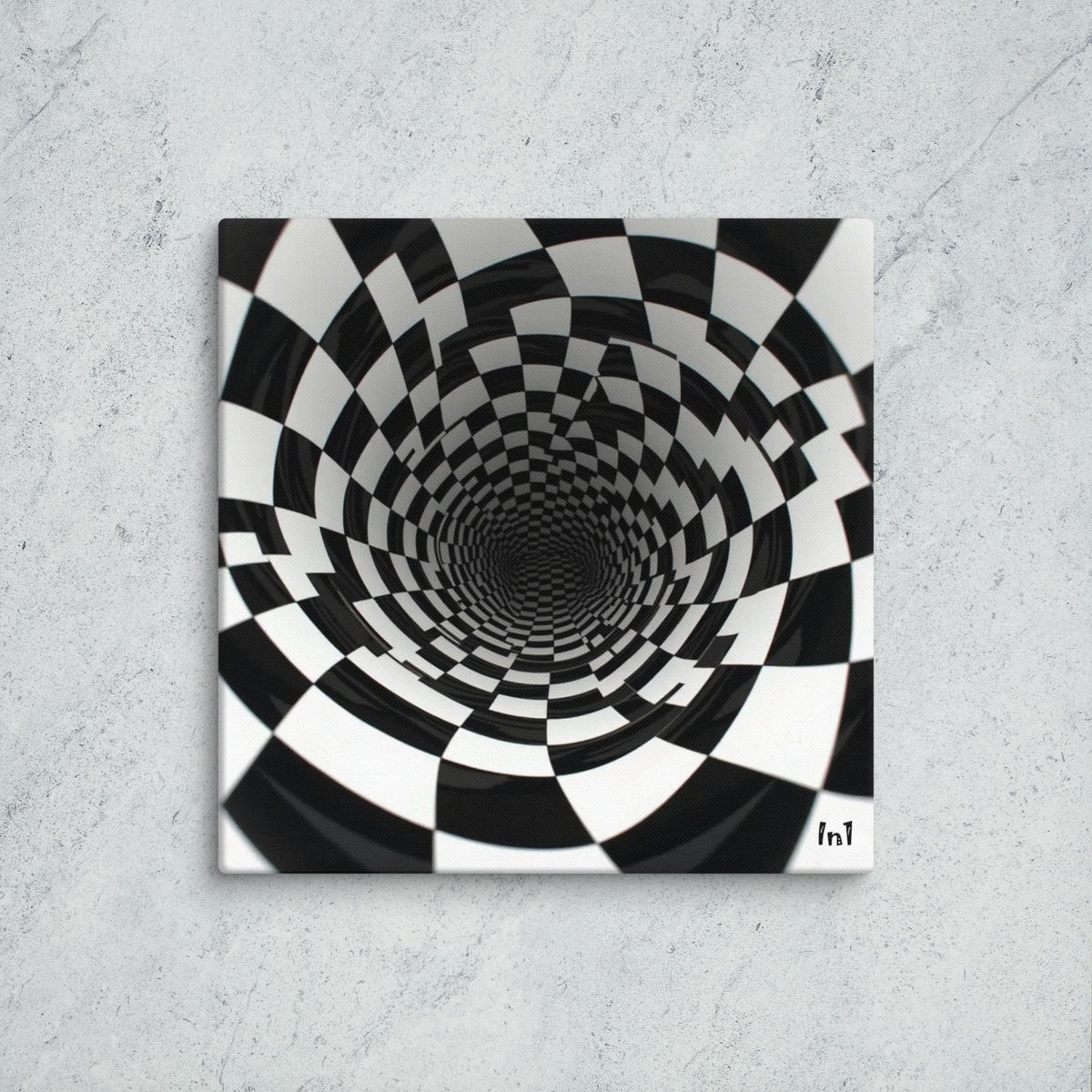 Black and white checkered spiral design to infinity on a textured gray background