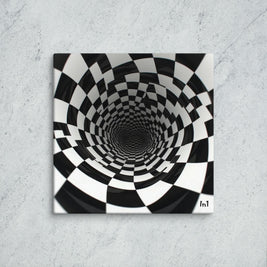 Black and white checkered spiral design to infinity on a textured gray background