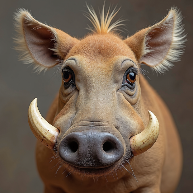 Close-up of a warthog with a blurred brown background
