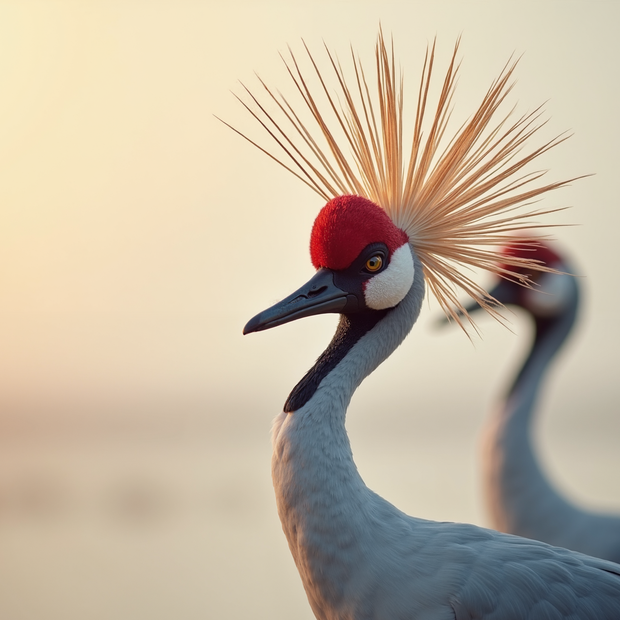 Two Wattled crowned cranes with detailed plumage against a blurred natural background