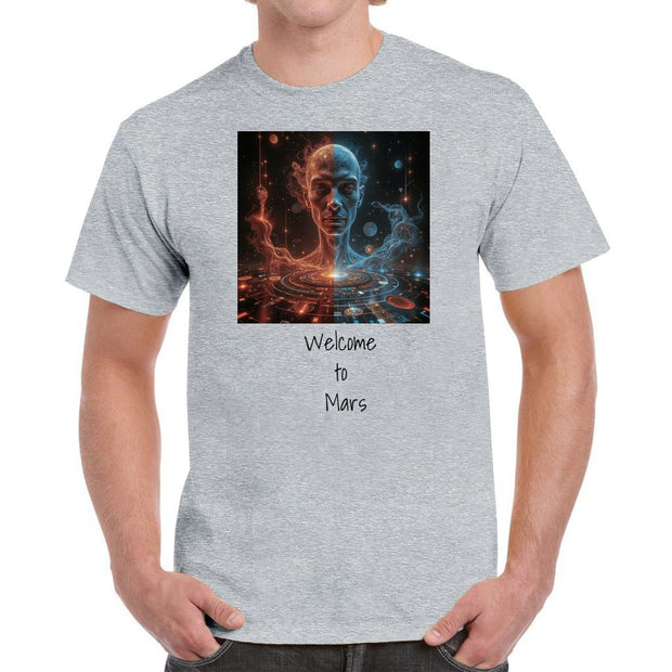 A person wearing a gray t-shirt with a graphic design and the text 'Welcome to Mars' on it.