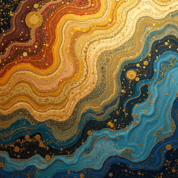 Colorful layered pattern with wavy textures and gold specks