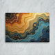 Abstract art piece with wavy patterns in blue, gold, and brown on a textured gray background