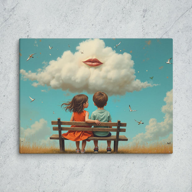 Two children sitting on a bench looking at the view and a large puffy cloud is overhead.  Children's Bedroom.